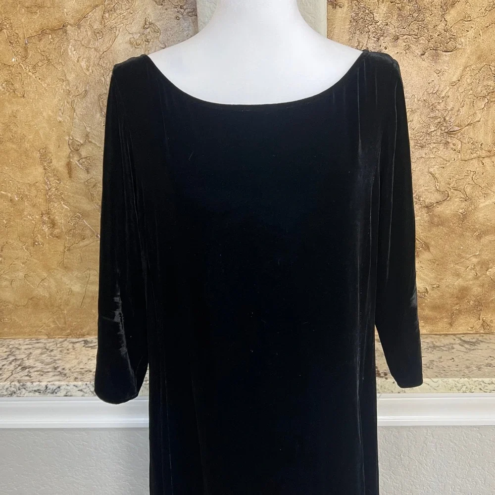Eileen Fisher Velvet Midi Dress Women S Black Silk Blend 3/4 Sleeve Capsule‎